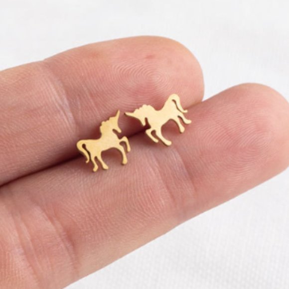 Gold Majestic Unicorn Small Stainless Steel Stud Earrings NEW - Picture 2 of 4